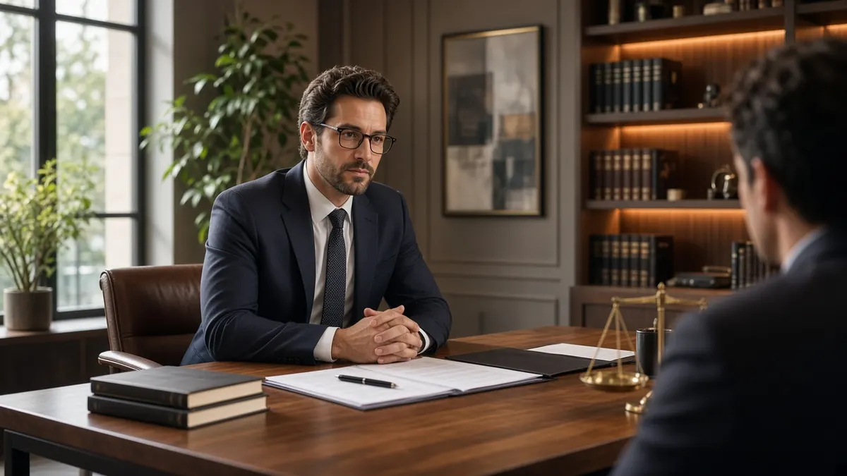 Attorney in a suit meeting a client in an office lined with law books