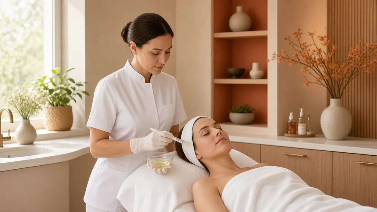 Aesthetician in a white coat applying a facial mask to a client lying on a treatment bed