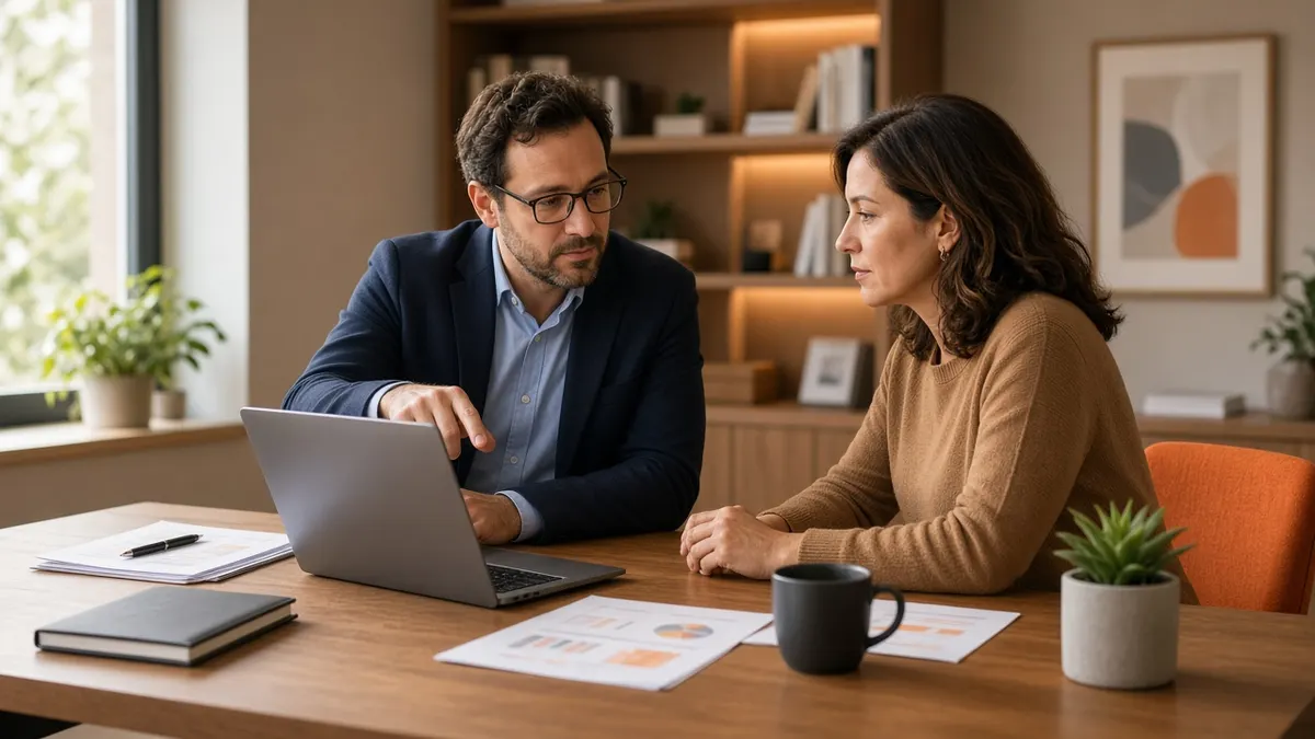 Accountant showing reports on a laptop to a client during an office meeting