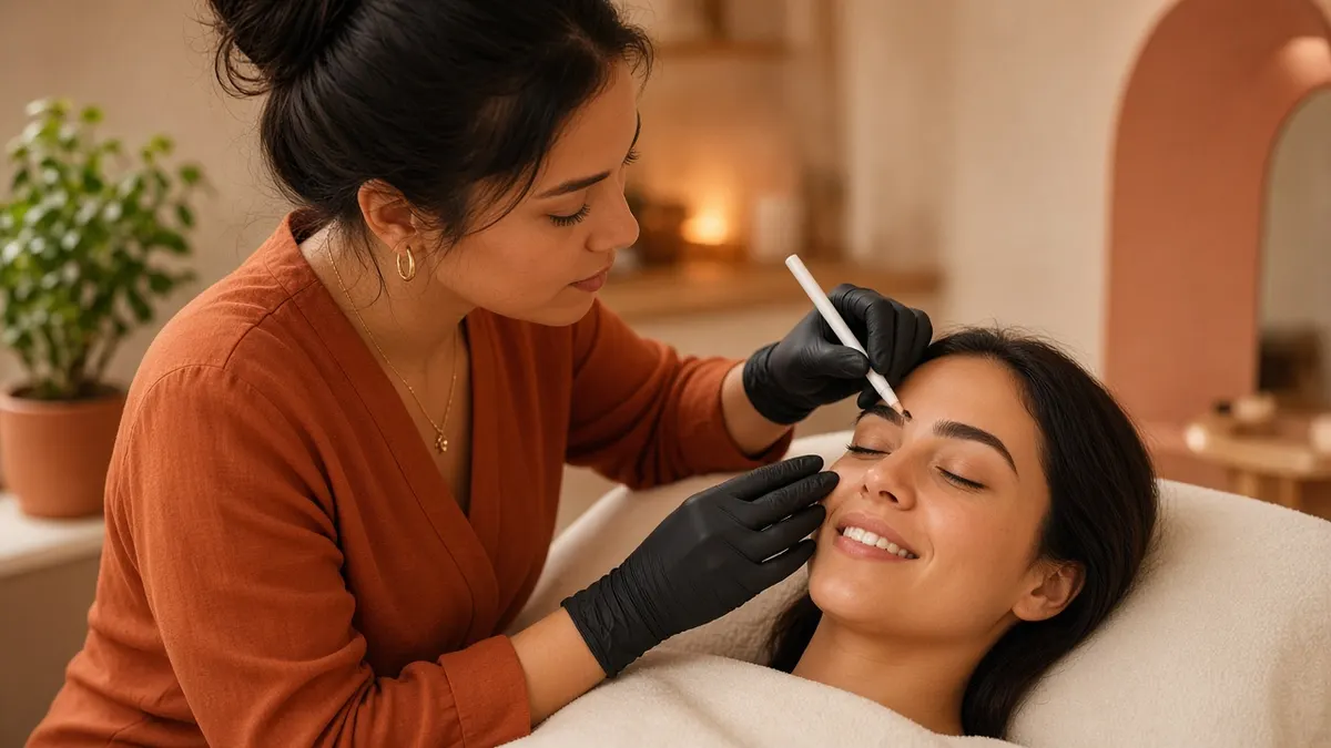Esthetician wearing gloves shaping a client's eyebrows in a calm, welcoming room