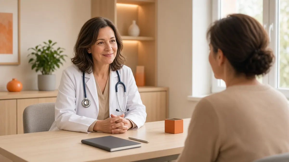 Smiling doctor with a stethoscope during a consultation with a patient