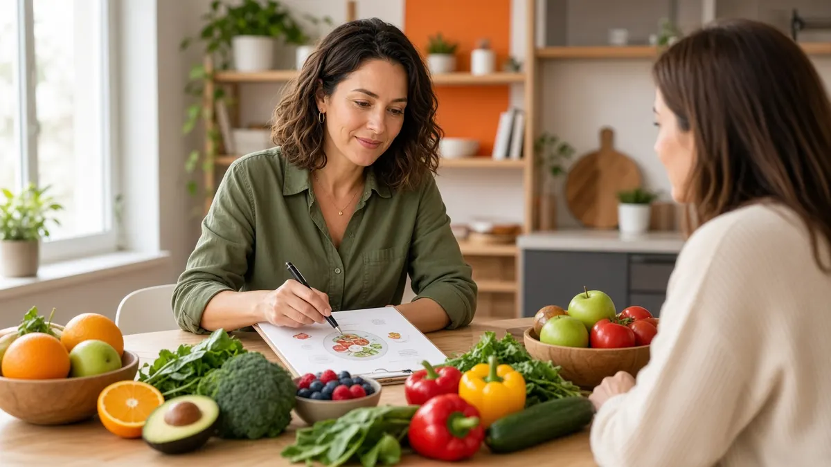 Nutritionist writing a meal plan next to a client, with fresh fruit and vegetables on the table