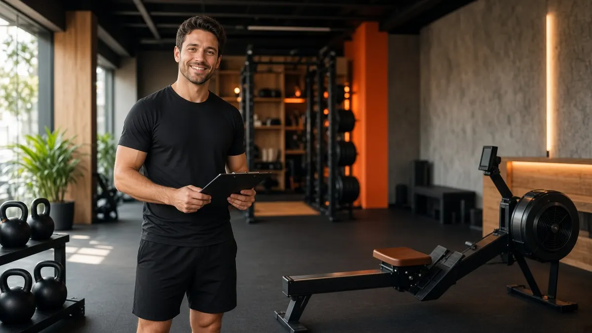 Smiling personal trainer holding a tablet in a gym with kettlebells and a rowing machine