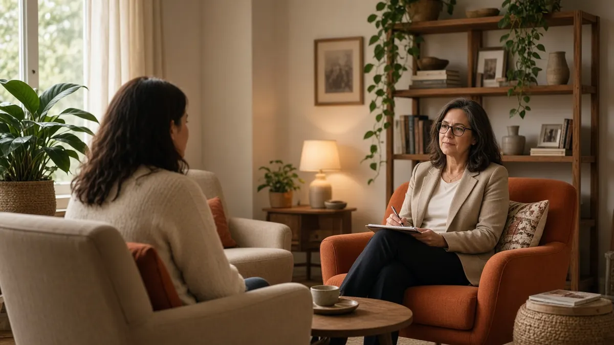 Therapist in session, seated in an armchair with a notebook, talking with a client in a cozy office