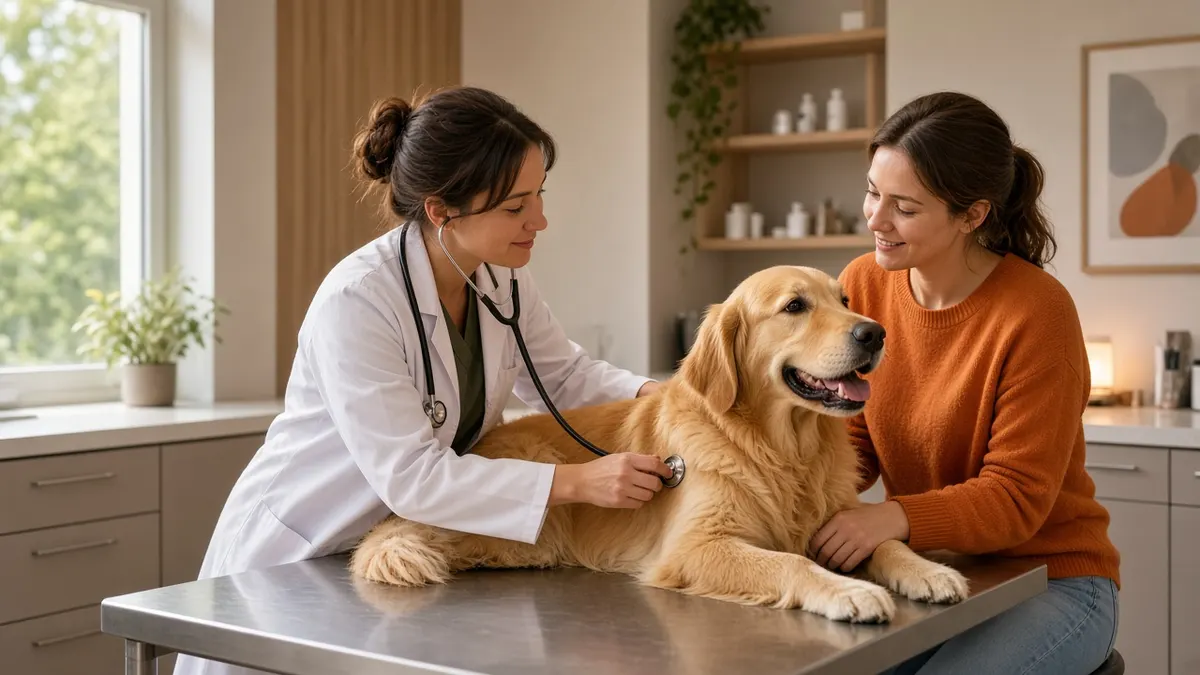 Veterinarian examining a golden retriever with a stethoscope while the owner pets the dog